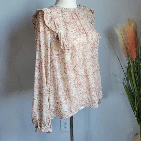 Anthropologie, New Current Air Cream Pink Floral Ruffle Blouse Top Size Large - Picture 6 of 15